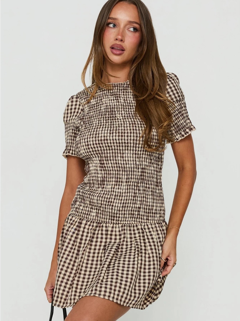 NWT Princess Polly Brown Laurita Shirred Mini Dress Brown Check